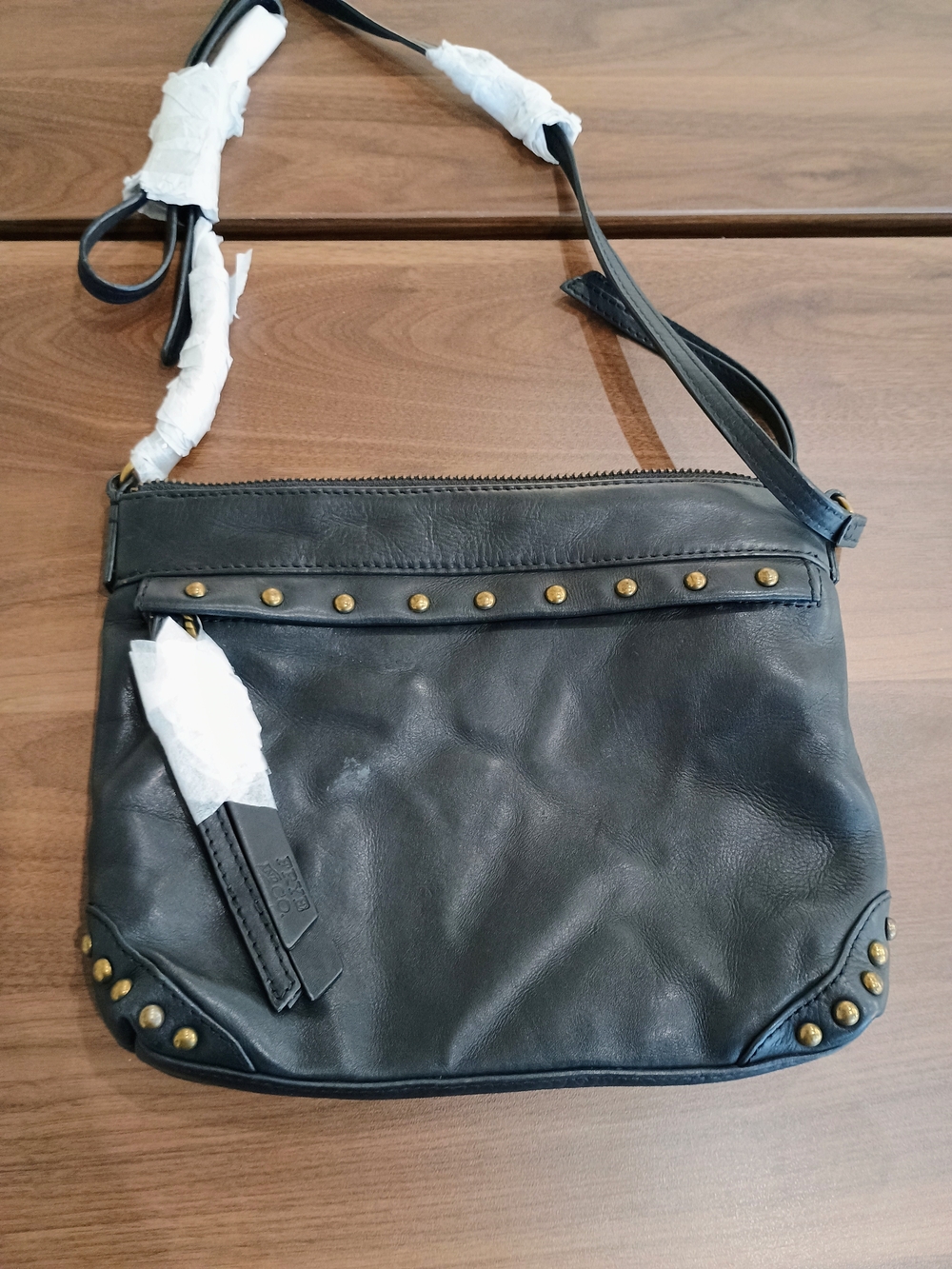 FRYE AND CO. Black Leather Crossbody Bag with Gold Studs